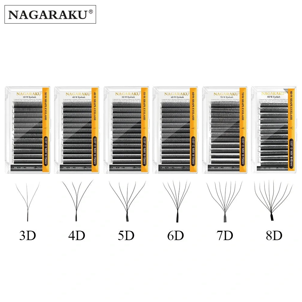 NAGARAKU Automatic Flowering W Shape Premade Fans Eyelash Extensions – 3D to 8D, Soft & Dense