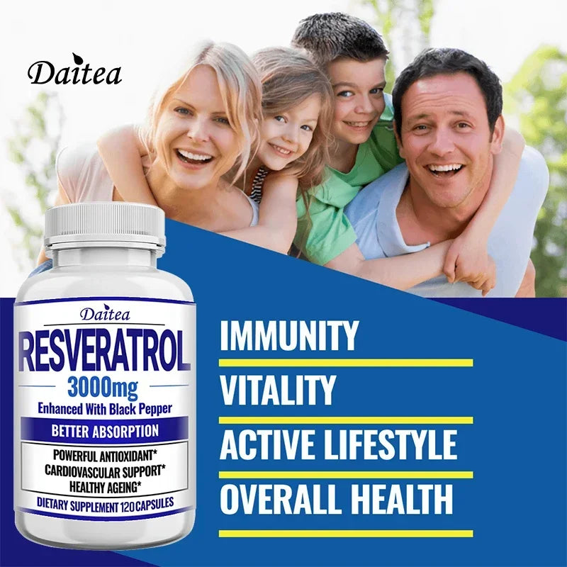 Resveratrol 3000mg Supplement – Non-GMO, Gluten-Free, Anti-Aging Antioxidant, 120 Capsules